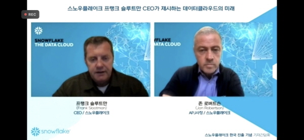 스노우플레이크는 한국 지사 출범에 맞춰 10일 온라인 기자간담회를 개최했다. 스노우플레이크 프랭크 슬루트만 CEO(왼쪽)와 존 로버트슨 아태 및 일본지역 사장