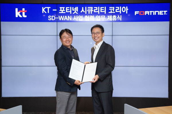 KT와 포티넷코리아는 ‘SD-WAN에 기반을 둔 국내 데이터 서비스 시장 활성화’를 위한 전략적 파트너십을 체결했다. KT 엔터프라이즈서비스 DX본부장 민혜병 상무(왼쪽)와 포티넷코리아 조원균 지사장