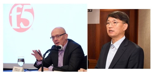 F5는 30일 ‘디지털혁신을 지원하는 뉴 F5 비전’을 주제로 기자간담회를 가졌다. 아담 주드 F5 아시아태평양·일본·중국 총괄 수석 부사장(왼쪽)과 조재용 F5 코리아 지사장